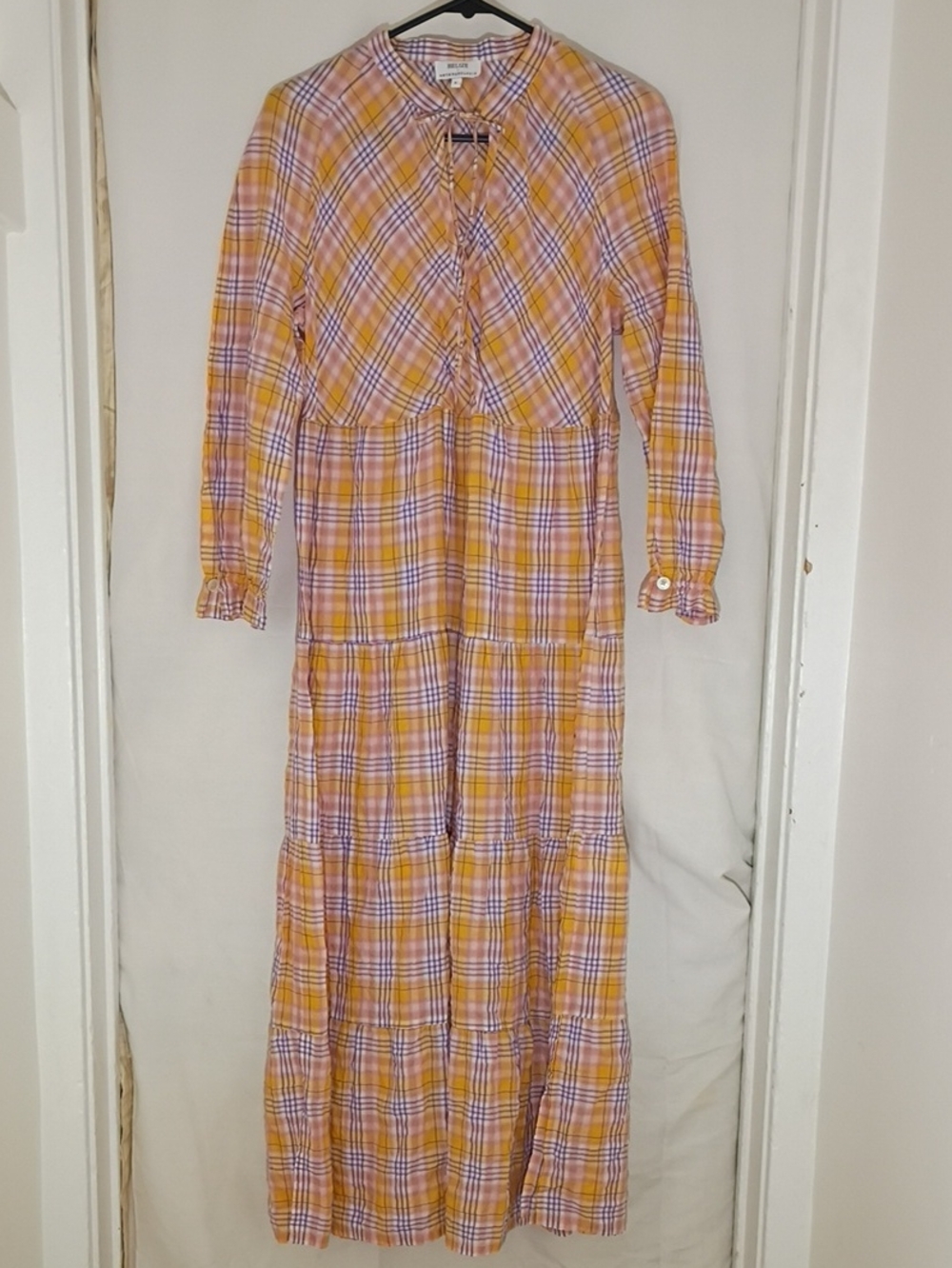 Anthropologie Belize Plaid Tie-Front Maxi Dress in Yellow & Purple